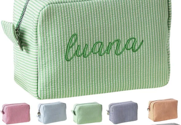 Personalised Makeup Bag for Women, Large Personalised Toiletry Bag, Striped Embroidered Cosmetic Bag, Custom Name/Text Travel Toiletry Organiser Large Capacity, Women Girls Gifts (Green)