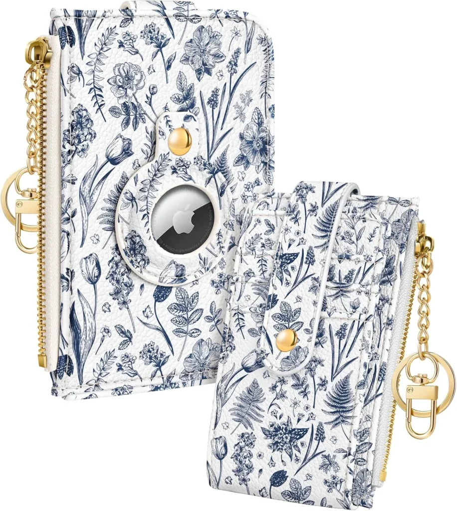 Miss Adola Cute Card Wallet Women with AirTag Holder - Aesthetic Small Wallets RFID Credit Cardholder with Keychain, Line Flower