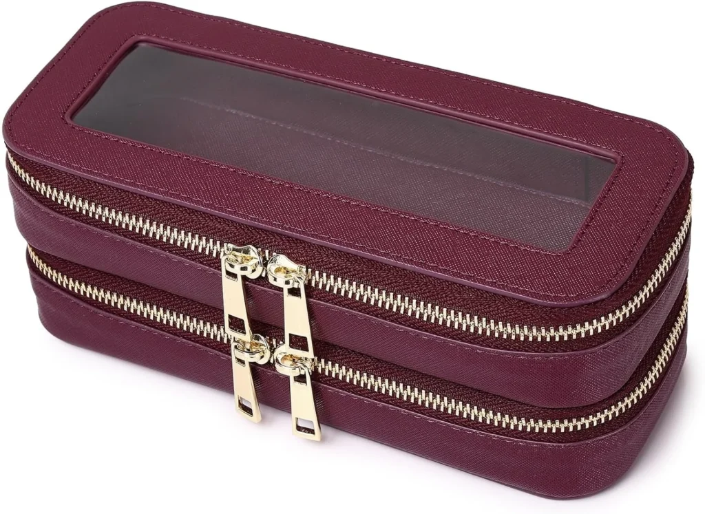 Pinkmik Double Layer Makeup Bag Makeup Brush Case Waterproof Travel Cosmetic & Toiletry Bag Purse Organizer and Car Essentials for Women, X/Burgundy, Double SLIM, Double Layer Makeup Bag, Makeup Brush