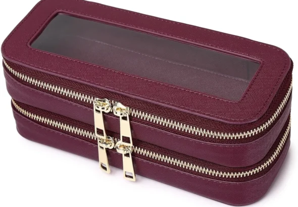 Pinkmik Double Layer Makeup Bag Makeup Brush Case Waterproof Travel Cosmetic & Toiletry Bag Purse Organizer and Car Essentials for Women, X/Burgundy, Double SLIM, Double Layer Makeup Bag, Makeup Brush