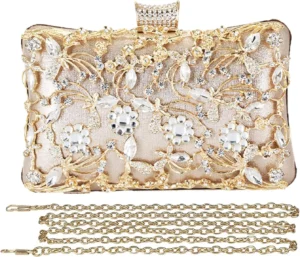 CORIOS Rhinestone Evening Bag for Women Crystal Clutch Bag Sparkly Sequin Glitter Handbag Floral Shoulder Bag Bridal Wedding Purse Crossbody Bag for Wedding Cocktail Party Banquet Prom Gold