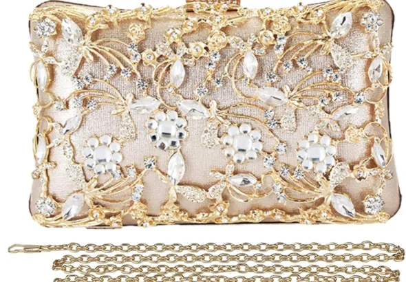 CORIOS Rhinestone Evening Bag for Women Crystal Clutch Bag Sparkly Sequin Glitter Handbag Floral Shoulder Bag Bridal Wedding Purse Crossbody Bag for Wedding Cocktail Party Banquet Prom Gold