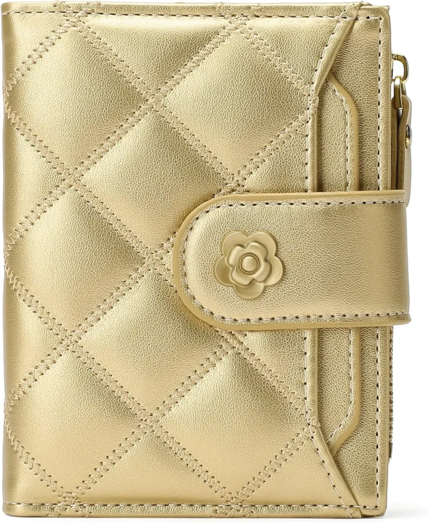 RNIEGA Small Wallets for Women Leather Bifold Wallet Women RFID Blocking Purse Credit Card Holder with 15 Card Slots and ID Window Coin Pocket, Champagne Gold, Modern