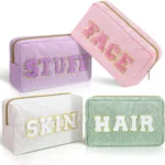 Pinkunn 4 Pcs Preppy Makeup Bags Chenille Letter Bag Face Skin Hair Stuff Corduroy Cosmetic Makeup Pouch with Zipper Wedding Birthday Gifts for Women(Purple, Pink, White, Green)