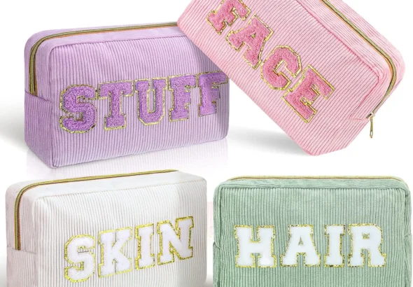 Pinkunn 4 Pcs Preppy Makeup Bags Chenille Letter Bag Face Skin Hair Stuff Corduroy Cosmetic Makeup Pouch with Zipper Wedding Birthday Gifts for Women(Purple, Pink, White, Green)