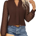 GRACE KARIN Women Business Casual Tops Sheer Lace Long Sleeve Blouses Work Office Pleated V Neck Shirt Fall Formal Outfits