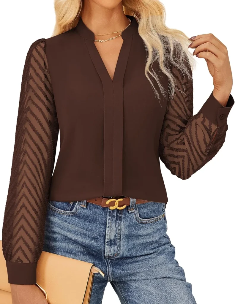 GRACE KARIN Women Business Casual Tops Sheer Lace Long Sleeve Blouses Work Office Pleated V Neck Shirt Fall Formal Outfits