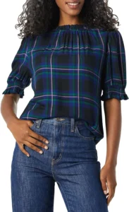 Amazon Essentials Women's Fluid Twill Short Puff Sleeve Smock Detail Shirt