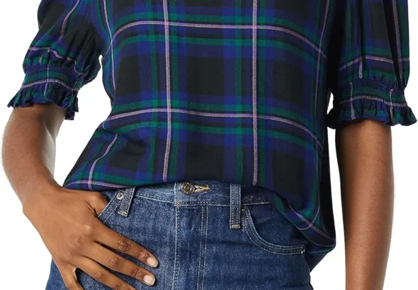 Amazon Essentials Women's Fluid Twill Short Puff Sleeve Smock Detail Shirt