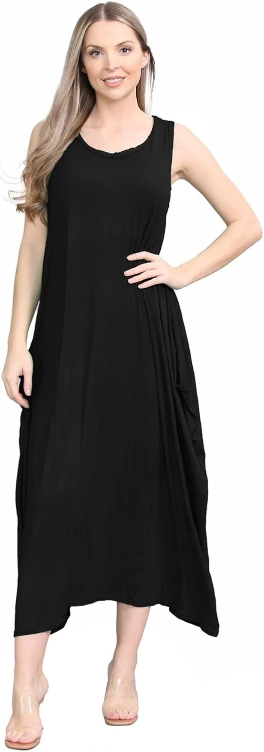 janisramone Womens Parachute Italian Lagenlook Midi Dress, Sleeveless Round Neck Stretchy Tulip Dress, Plain Long Summer Dresses for Women UK, Casual & Holiday Ladies Midi Dresses