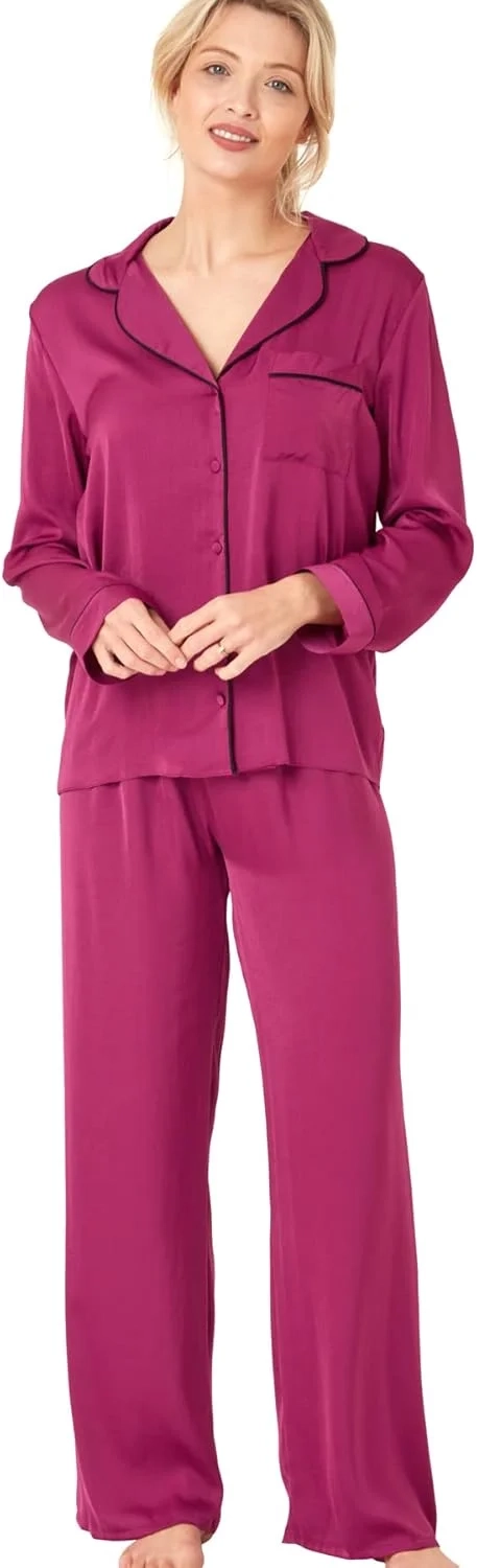 Indigo Sky Womens Astara Full Length Satin Pyjama With Contrast Piping