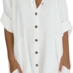 Keepink Womens Tops Oversized Cotton Linen Button Up Shirts Summer Casual Blouse Roll-Up Sleeve Tops Extra Long Top with Pockets Hawaii Beach Cover Up Ladies Clothes