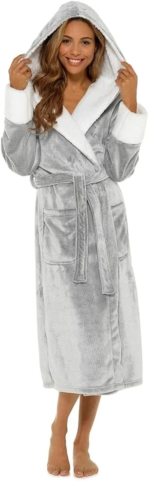 kraftd Ladies Dressing Gown Fluffy Super Soft Hooded Bathrobe for Women Plush Fleece Perfect Loungewear Long Robe Gifts for Women
