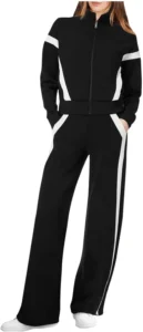 NSICBMNO Tracksuit Womens Full Set Two Piece Outfit Striped Sweatpants Wide Leg Joggers Zip Up Sweatshirt Jacket Fleece Lined Tracksuit Set Loungewear Sets Airport Travel Outfits With Pockets