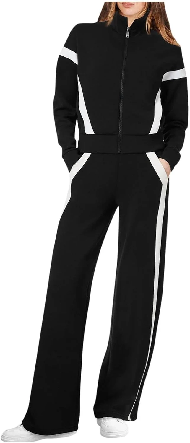 NSICBMNO Tracksuit Womens Full Set Two Piece Outfit Striped Sweatpants Wide Leg Joggers Zip Up Sweatshirt Jacket Fleece Lined Tracksuit Set Loungewear Sets Airport Travel Outfits With Pockets
