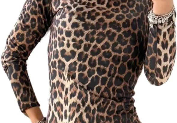 Leopard Print Bodycon Dress Womens Long Sleeve Knee Length Animal Printed Casual Dress Ladies Digital Paper Prints Summer Dresses