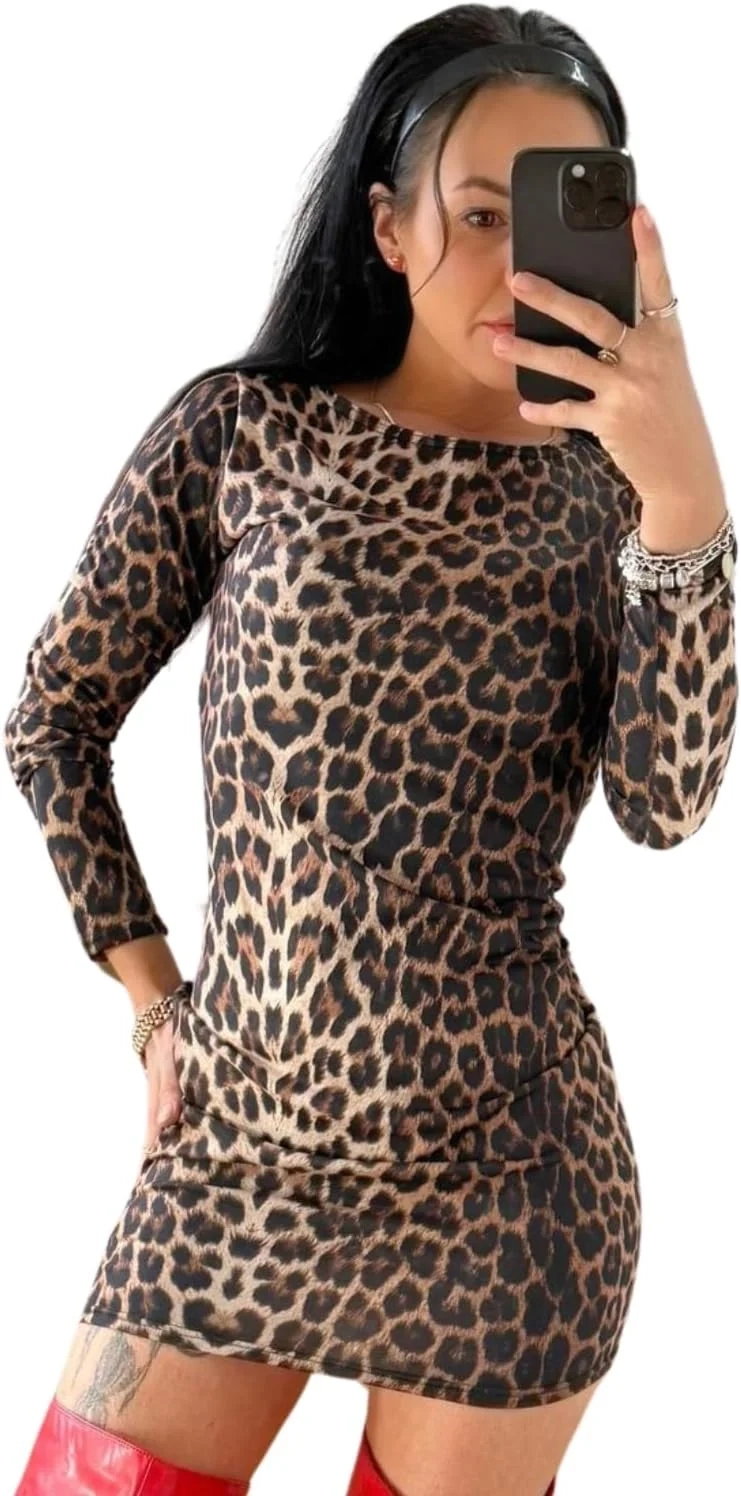 Leopard Print Bodycon Dress Womens Long Sleeve Knee Length Animal Printed Casual Dress Ladies Digital Paper Prints Summer Dresses