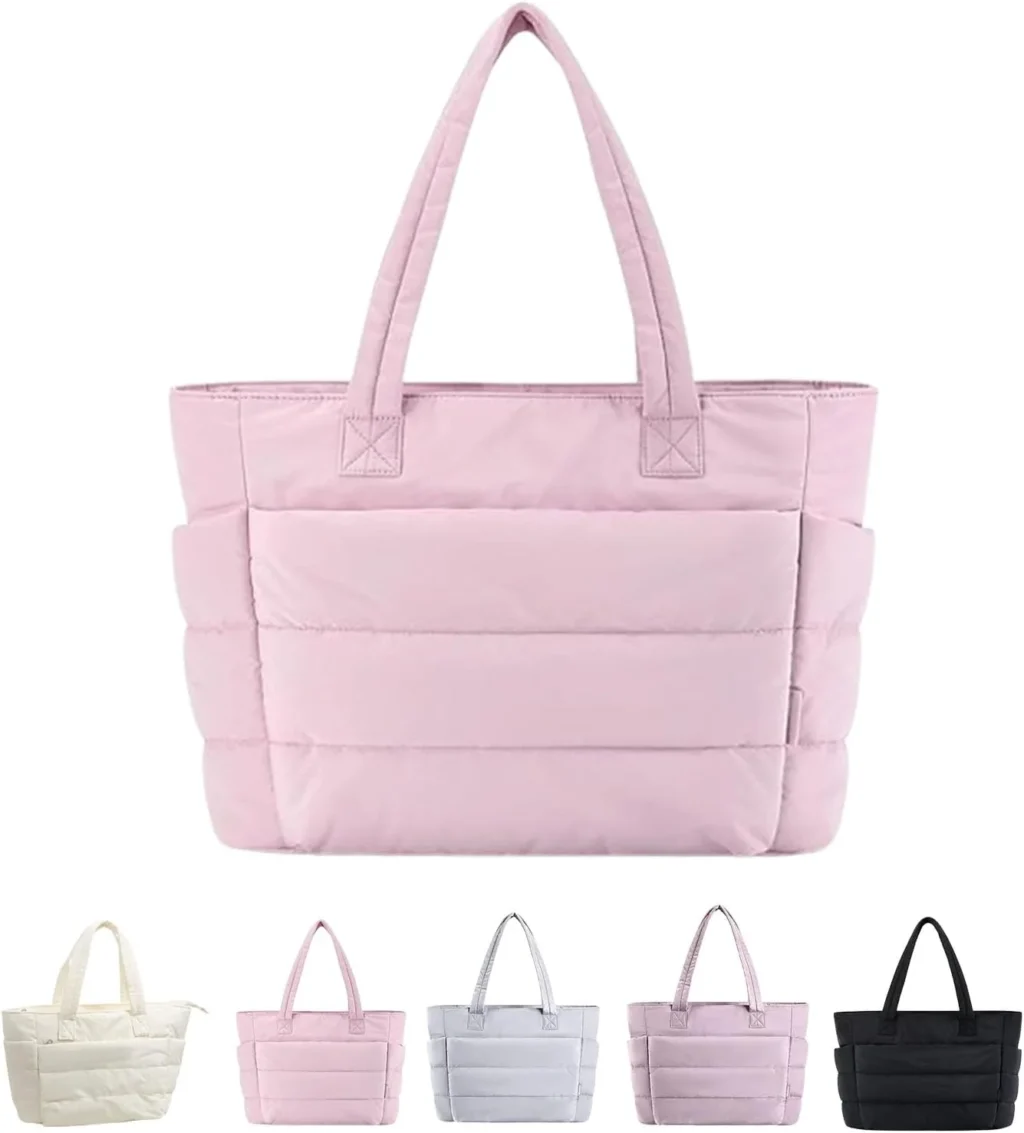 Puffer Travel Tote, Quilted Puffer Tote Bag for Women Large SizeLightweight Puffy Tote Bag with Compartments