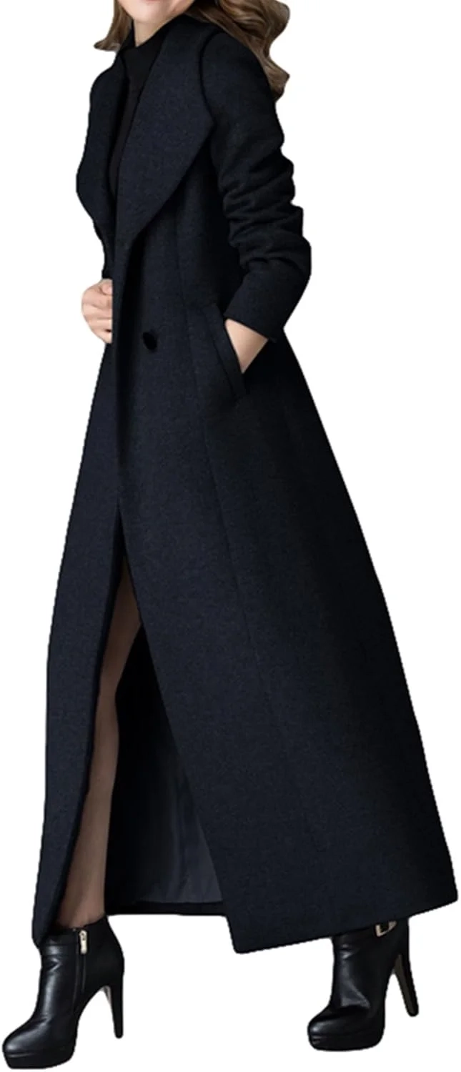 Women's Cashmere Wool Trench Coat Winter Warm Thick Double-Breasted Long Jacket