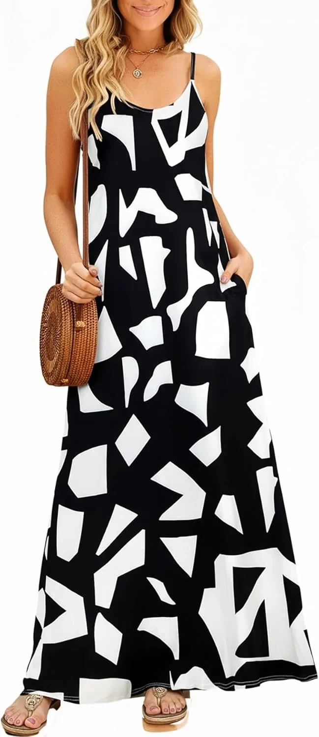 Supnier Women's Summer Maxi Dress Casual V-Neck Sleeveless Bohemian Spaghetti Strap Floral Long Maxi Dress with Pockets