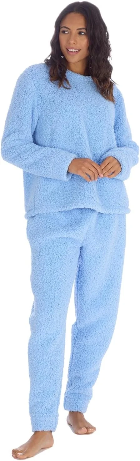 Slumber Hut Grey Borg Womens Snuggle Fleece Twosie Pyjamas Cosy Round Neck Novelty Adults Two Piece PJ's Set for Women - Size 8 up to 22