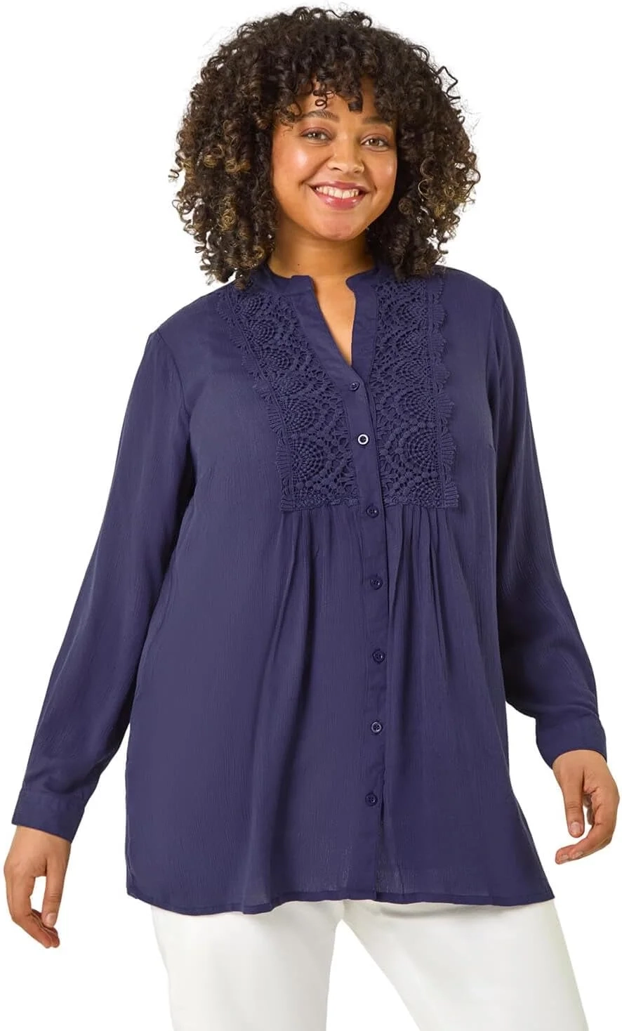 Roman Curve Lace Trim Pintuck Blouse for Women UK - Ladies Everyday Holiday Spring Summer Notch Neckline Comfy Soft Evening Vacation Work Party