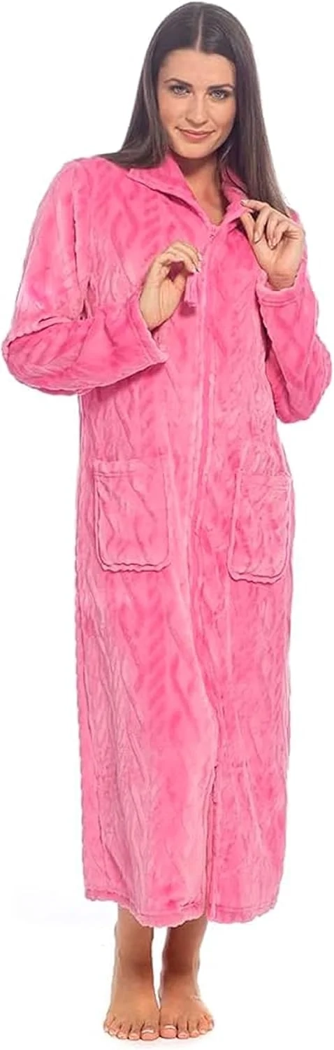 kraftd Women's Robes Flannel Fleece Dressing Gown with Tassle Zip & Front Pockets | Ladies Loungewear | Womens Robe | Bathrobes | Nightwear | Night Gown
