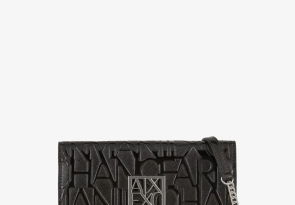 Armani Exchange Women's Chain, Embossed All Over Logo Bi-Fold Wallet, Black, One Size