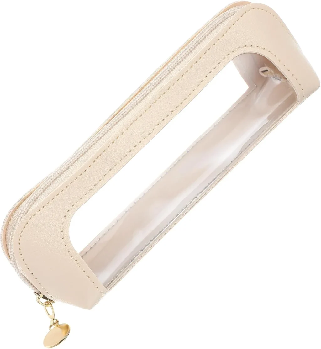 Clear Makeup Bag, PU Leather Travel Makeup Brush Case Transparent Mini Make up Pouch Waterproof Cosmetic Organizer with Zipper for Women Home Office Travel (Beige)