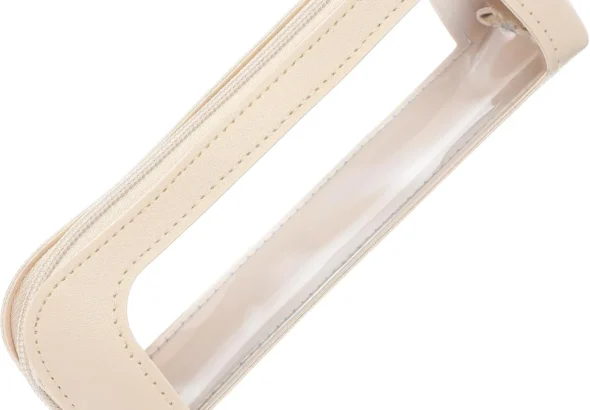 Clear Makeup Bag, PU Leather Travel Makeup Brush Case Transparent Mini Make up Pouch Waterproof Cosmetic Organizer with Zipper for Women Home Office Travel (Beige)