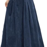 ebossy Women's Corduroy Maxi Skirt Elastic High Waist Drawstring Tie Front A-Line Pleated Long Skirt with Pockets