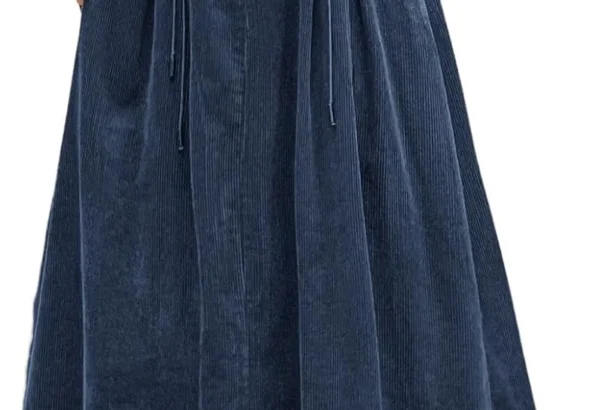 ebossy Women's Corduroy Maxi Skirt Elastic High Waist Drawstring Tie Front A-Line Pleated Long Skirt with Pockets