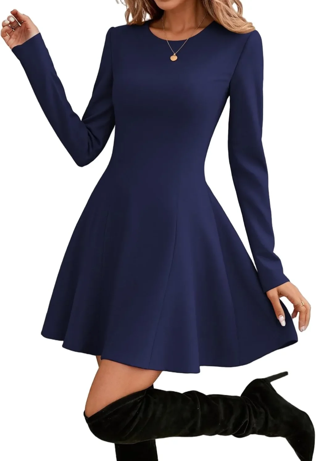 HOTOUCH Womens Fall Dress Long Sleeve Flare A-Line Cocktail Dress Solid Plaid Print Casual Formal Mini Dresses for Party