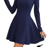 HOTOUCH Womens Fall Dress Long Sleeve Flare A-Line Cocktail Dress Solid Plaid Print Casual Formal Mini Dresses for Party