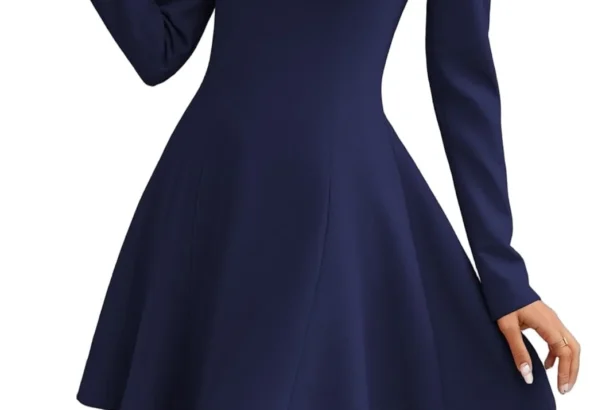 HOTOUCH Womens Fall Dress Long Sleeve Flare A-Line Cocktail Dress Solid Plaid Print Casual Formal Mini Dresses for Party