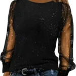 Keepink Sparkly Tops for Women UK Party Wear Lace Mesh Sheer Long Sleeve Top Elegant Dressy Blouse Crew Neck Sequin Tee Shirts Trendy Casual Glitter T Shirt Baggy Tunic Jumper