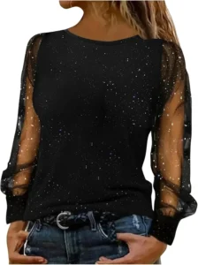 Keepink Sparkly Tops for Women UK Party Wear Lace Mesh Sheer Long Sleeve Top Elegant Dressy Blouse Crew Neck Sequin Tee Shirts Trendy Casual Glitter T Shirt Baggy Tunic Jumper