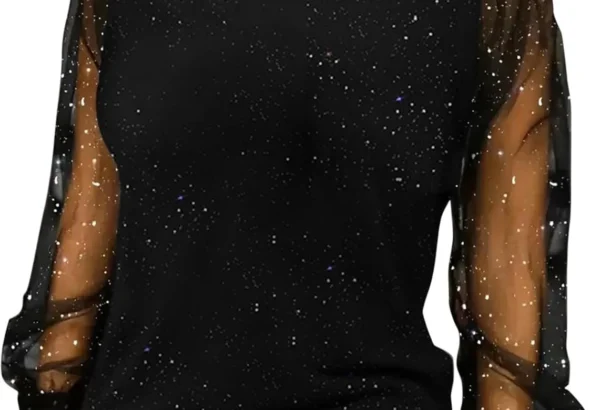 Keepink Sparkly Tops for Women UK Party Wear Lace Mesh Sheer Long Sleeve Top Elegant Dressy Blouse Crew Neck Sequin Tee Shirts Trendy Casual Glitter T Shirt Baggy Tunic Jumper