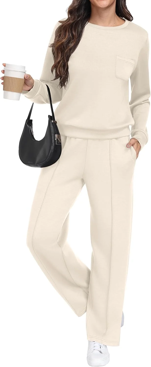 GRECERELLE Tracksuit Womens Full Set Autumn Long Sleeve Lounge Wear Sets for Women Two Piece Outfits Activewear Casual Crew Neck Pullover Tops and Jogging Bottoms with Pockets