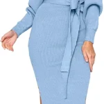 Women's MIdi Dresses Elegant Long Sleeve Cocktail Wrap Dress with Belt V Neck High Waist Long Sweater Dress Casual Solid Color Bodycon Autumn Dress Lightweight Knitted Jumper Dress for Women Winter