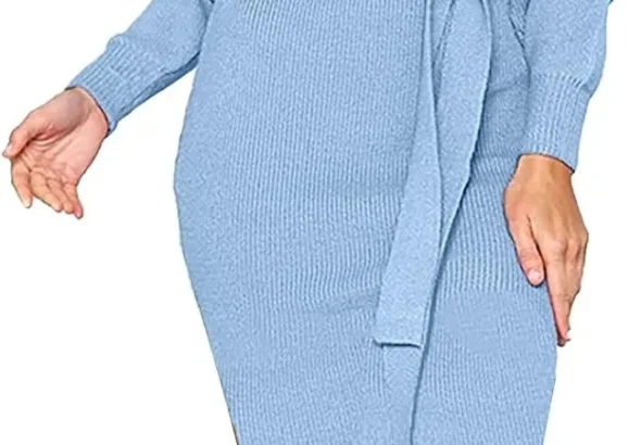 Women's MIdi Dresses Elegant Long Sleeve Cocktail Wrap Dress with Belt V Neck High Waist Long Sweater Dress Casual Solid Color Bodycon Autumn Dress Lightweight Knitted Jumper Dress for Women Winter