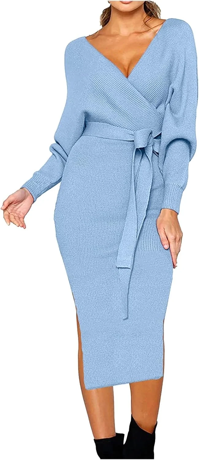 Women's MIdi Dresses Elegant Long Sleeve Cocktail Wrap Dress with Belt V Neck High Waist Long Sweater Dress Casual Solid Color Bodycon Autumn Dress Lightweight Knitted Jumper Dress for Women Winter