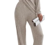 CheChury Lounge Sets for Women UK 2 Piece Outfits Fluffy Ribbed Loungewear Long Sleeve Tops and Wide Leg Trousers Pyjamas Set Nightwear Oversized Homewear Ladies Leisure Suits