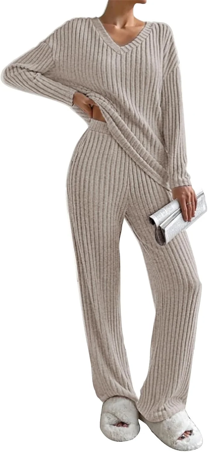 CheChury Lounge Sets for Women UK 2 Piece Outfits Fluffy Ribbed Loungewear Long Sleeve Tops and Wide Leg Trousers Pyjamas Set Nightwear Oversized Homewear Ladies Leisure Suits