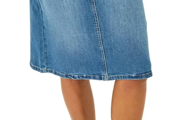 Roman Originals Denim Skirt with Pockets for Women UK - Ladies Jean Skirts Cotton Stretch Mid Wash Fitted A Line Casual Smart Work Office Knee Length Flattering Slimming