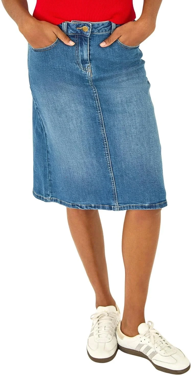 Roman Originals Denim Skirt with Pockets for Women UK - Ladies Jean Skirts Cotton Stretch Mid Wash Fitted A Line Casual Smart Work Office Knee Length Flattering Slimming