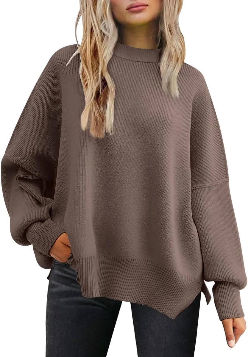 Tincini Women's Jumpers Winter Casual Crew Neck Knitted Sweaters Long Sleeve Loose Pullover with Side Slit Jumper Tops Sweatshirt