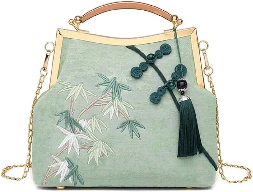 Embroidery Tassel Clutch Purses for Women Evening Bag Party Prom Handbags Bridal Wedding Crossbody Shoulder Bags floral clutch purses, Green