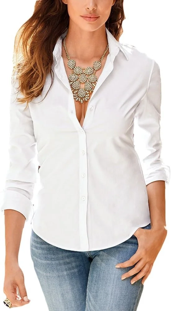 Women Office Shirt Long Sleeve Button Down Lapel Business Work Shirt Blouse