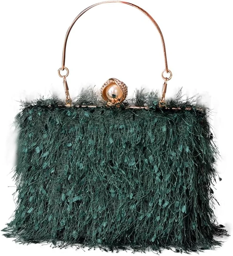 CORIOS Tassel Evening Bag for Women Rhinestone Clutch Bag Beaded Handbag Bridal Wedding Purse Shoulder Bag with Detachable Chain Elegant Crossbody Bag for Cocktail Banquet Prom Party Dark Green